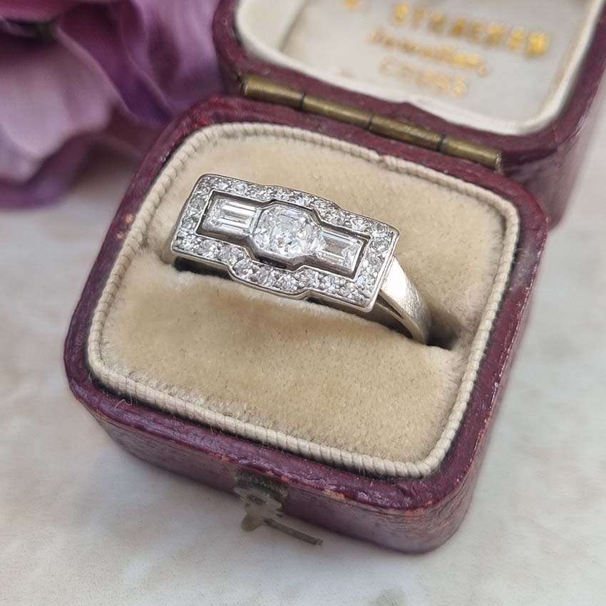 Art Deco Asscher and Baguette Diamond Cluster Ring