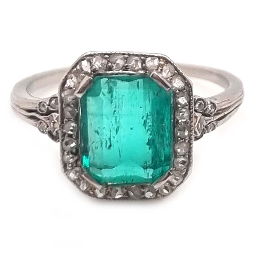 Art Deco 1.54ct Colombian Emerald and Rose Cut Diamond Cluster Engagement Ring in Platinum, verbal from laboratory of Colombian origin with moderate resin