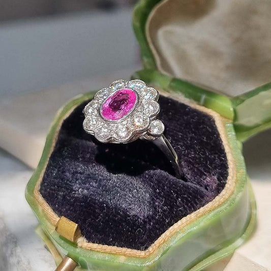 Pink Sapphire and Diamond Cluster Engagement Ring in Platinum