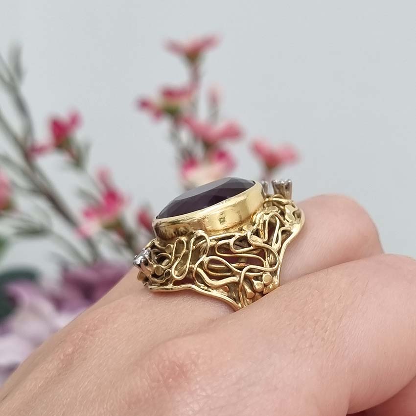 Vintage Amethyst and Diamond Parure Ring Earrings Pendant Suite