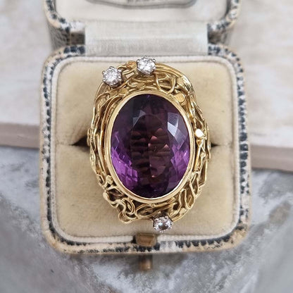Vintage Amethyst and Diamond Parure Ring Earrings Pendant Suite