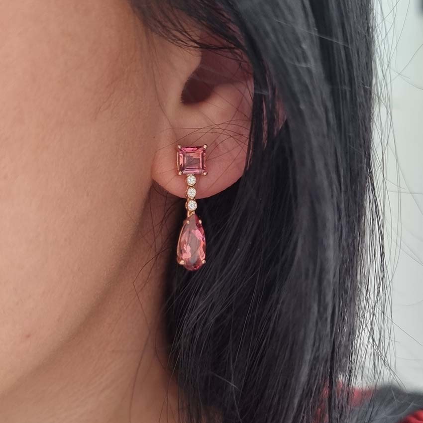 Pink Tourmaline and Diamond Drop Earrings, 3.54 carats