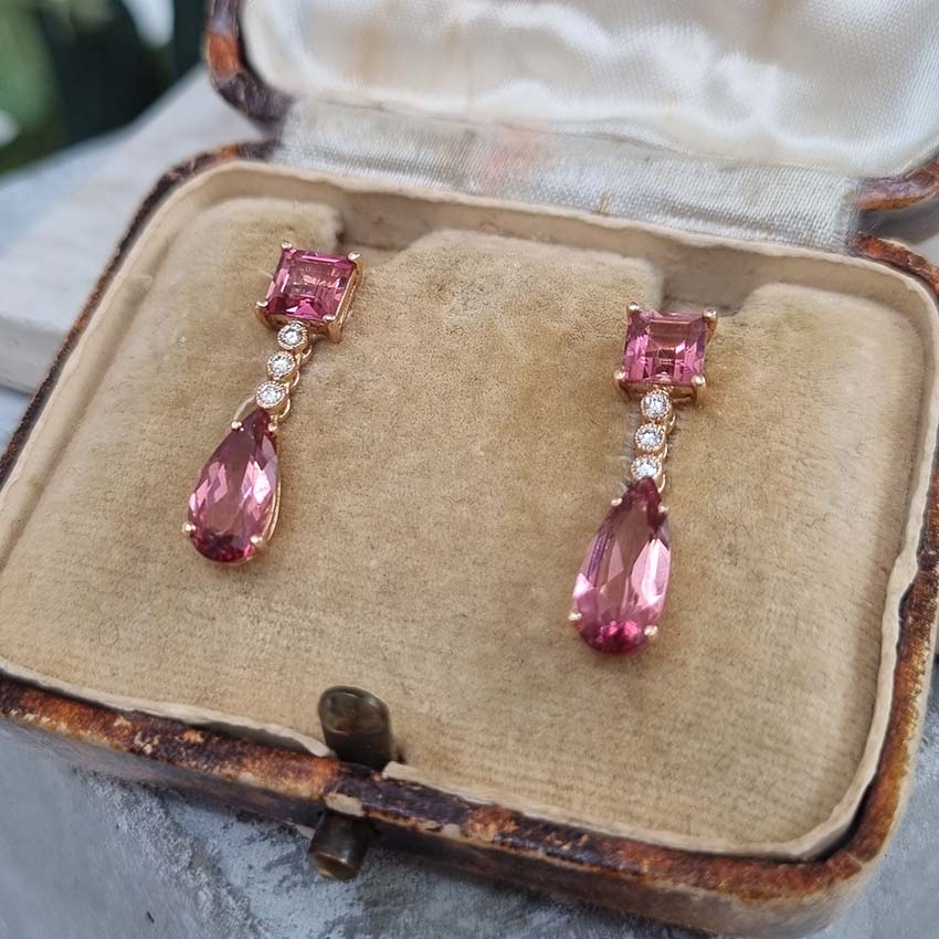 Pink Tourmaline and Diamond Drop Earrings, 3.54 carats