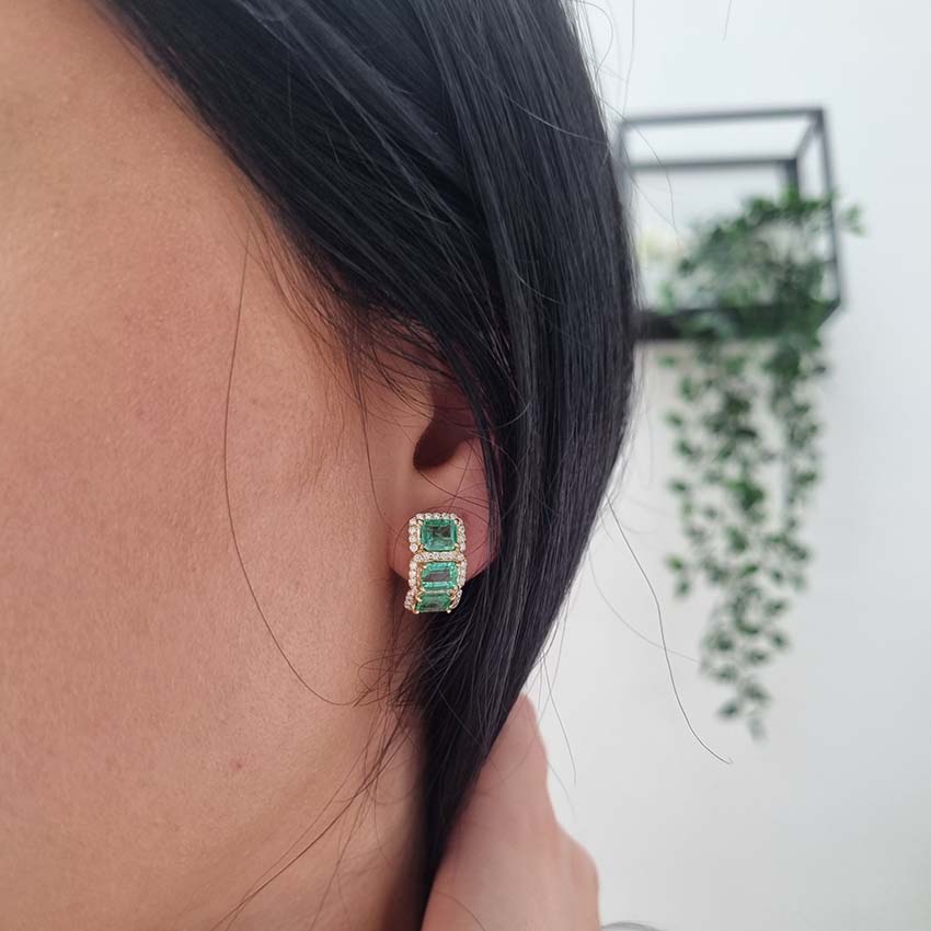 3.50ct Emerald and Diamond Cluster Huggie Hoop Earrings