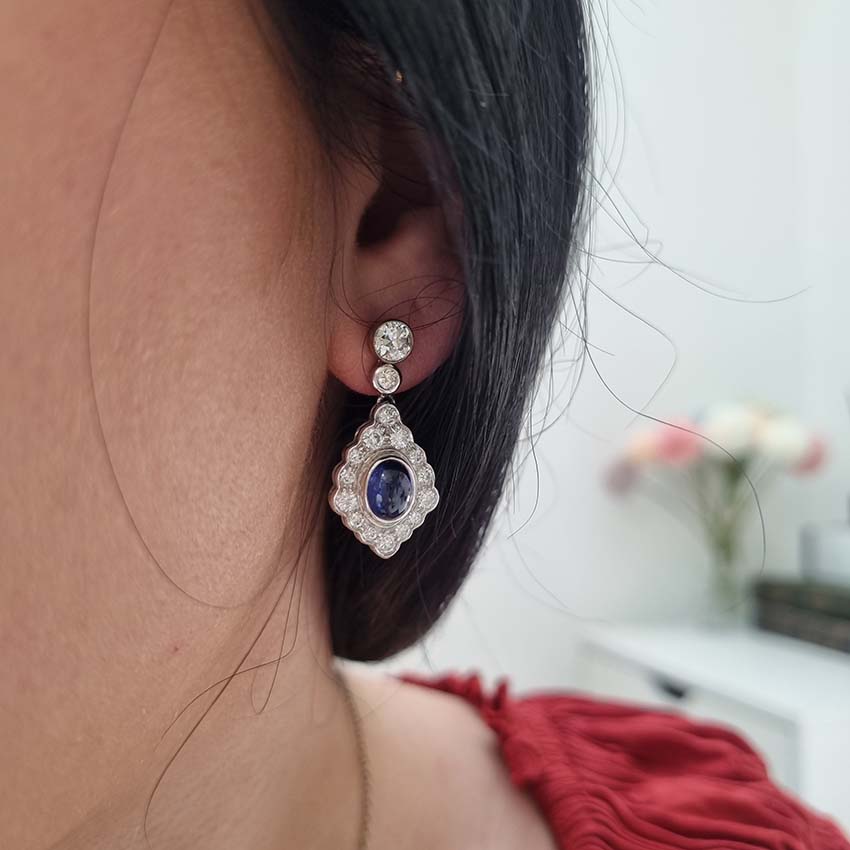 Cabochon Sapphire and Diamond Cluster Drop Earrings