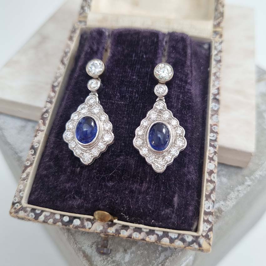 Cabochon Sapphire and Diamond Cluster Drop Earrings