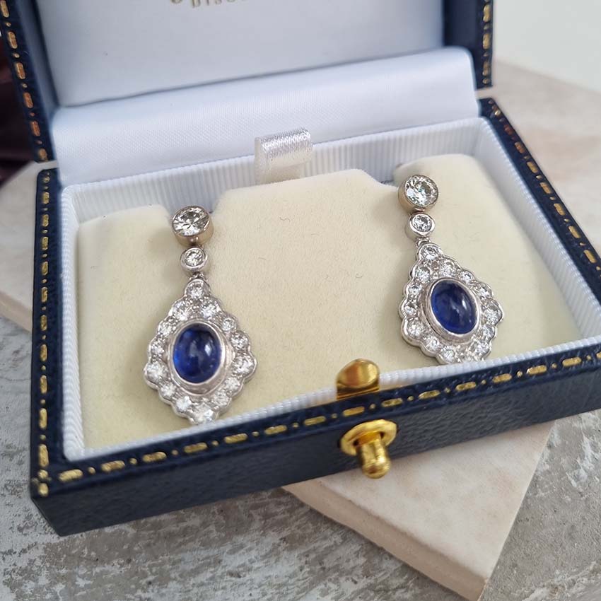 Cabochon Sapphire and Diamond Cluster Drop Earrings