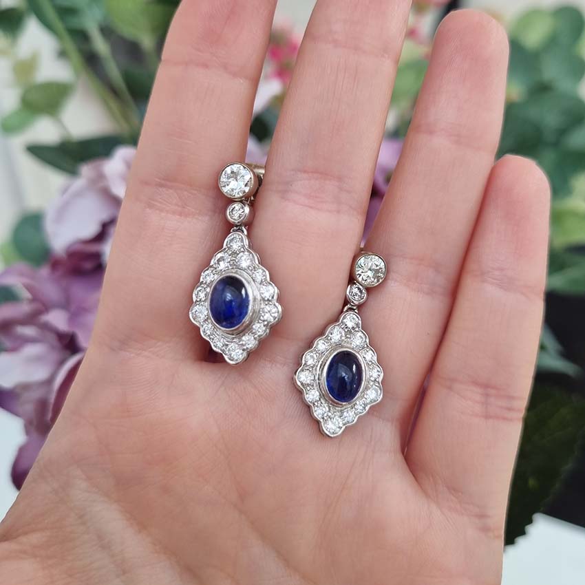 Cabochon Sapphire and Diamond Cluster Drop Earrings