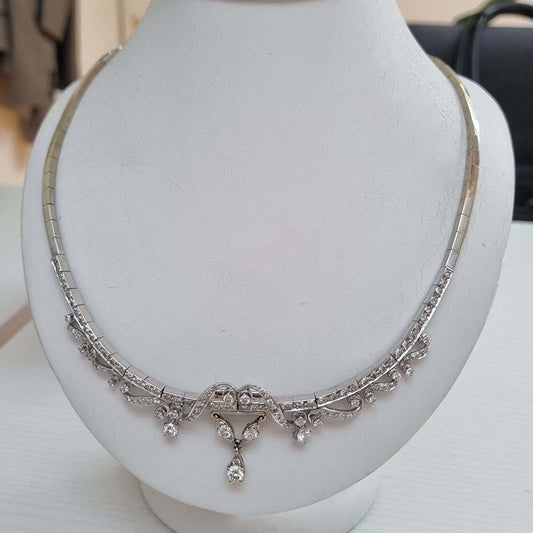 Antique Vintage Art Deco French 3ct Diamond Necklace, articulated 18ct white gold necklace set with single cut diamonds accented with diamond scrolls and pendant drops. With removable central pendant section. Circa 1920s 1930s