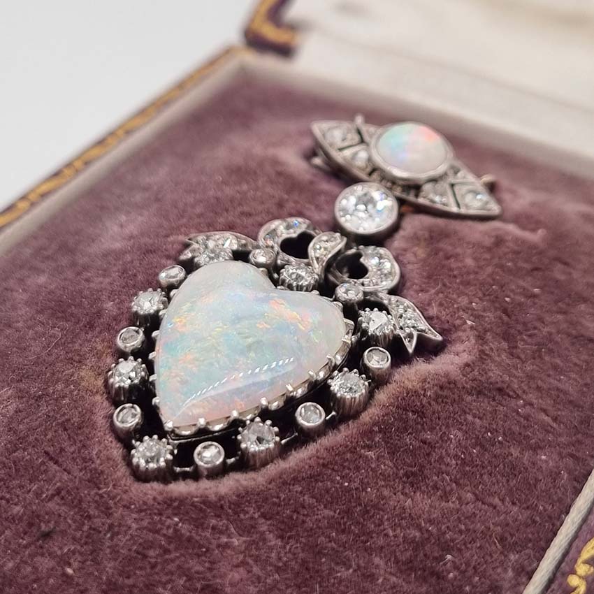 Edwardian Antique Heart Opal and Diamond Pendant Brooch