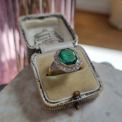 Art Deco Octagonal Colombian Emerald and Diamond Cluster Ring