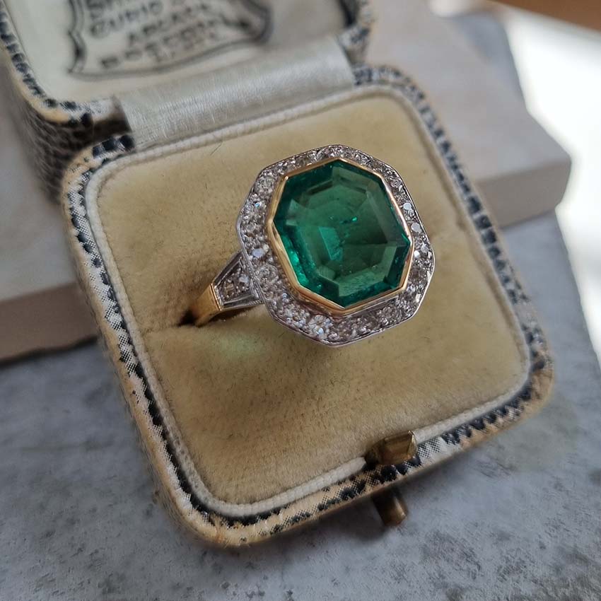 Art Deco Octagonal Colombian Emerald and Diamond Cluster Ring