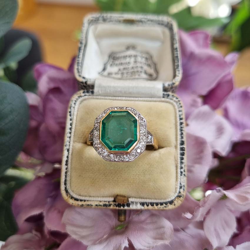Art Deco Octagonal Colombian Emerald and Diamond Cluster Ring