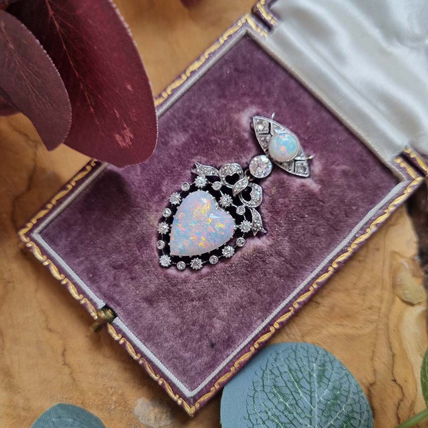 Edwardian Antique Heart Opal and Diamond Pendant Brooch