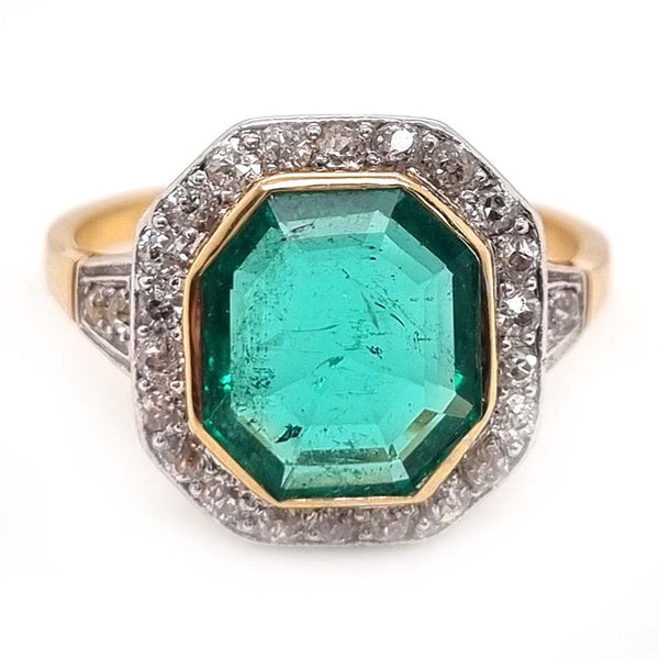 Art Deco Octagonal Colombian Emerald and Diamond Cluster Ring