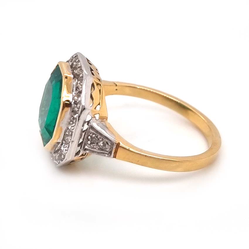 Art Deco Octagonal Colombian Emerald and Diamond Cluster Ring