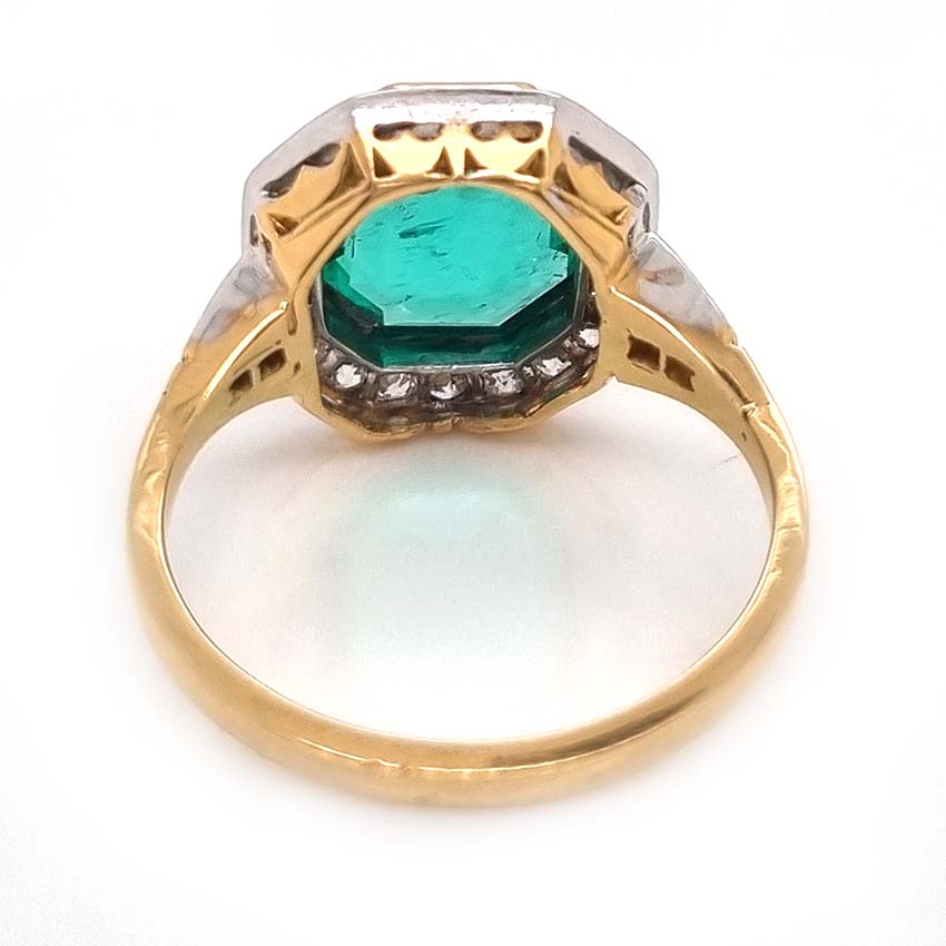 Art Deco Octagonal Colombian Emerald and Diamond Cluster Ring