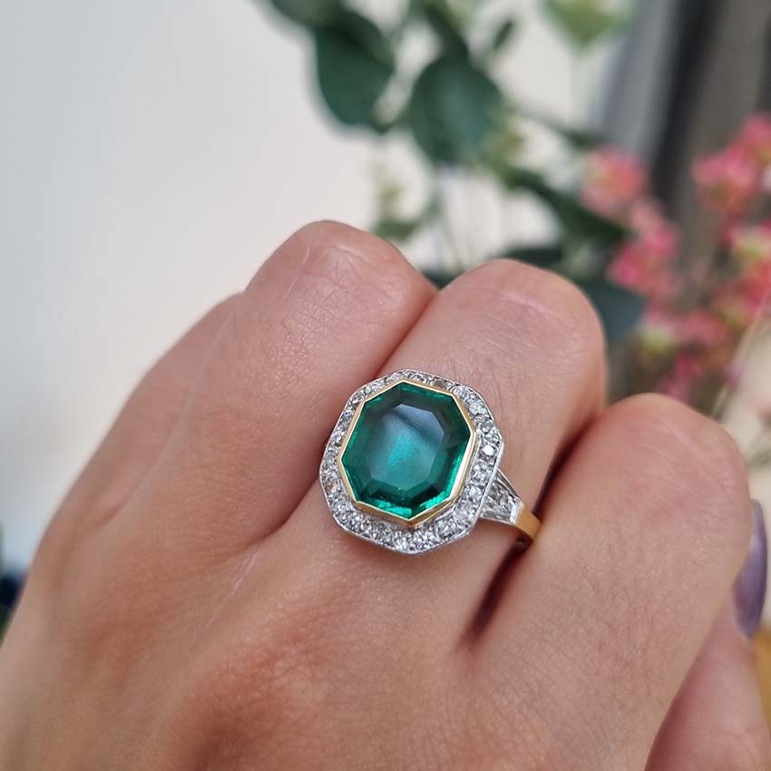 Art Deco Octagonal Colombian Emerald and Diamond Cluster Ring