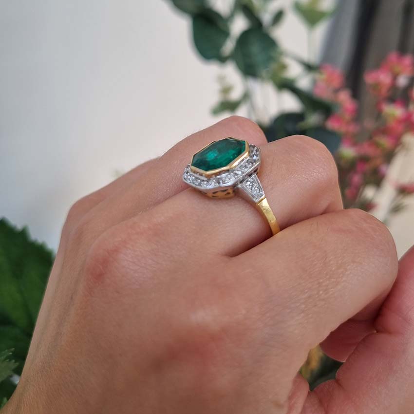 Art Deco Octagonal Colombian Emerald and Diamond Cluster Ring
