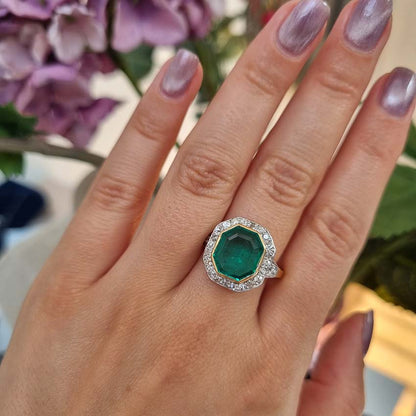 Art Deco Octagonal Colombian Emerald and Diamond Cluster Ring
