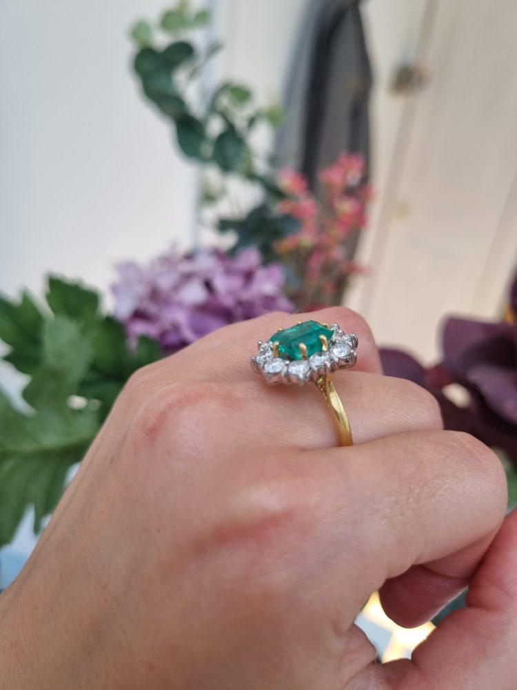 Vintage 2.91ct Emerald and Diamond Cluster Engagement Ring