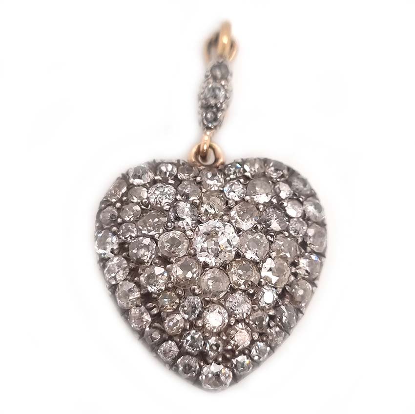 Antique Old Cut Diamond Heart Pendant, stunning heart shaped pendant encrusted with sparkling old-cut diamonds set in silver to yellow gold