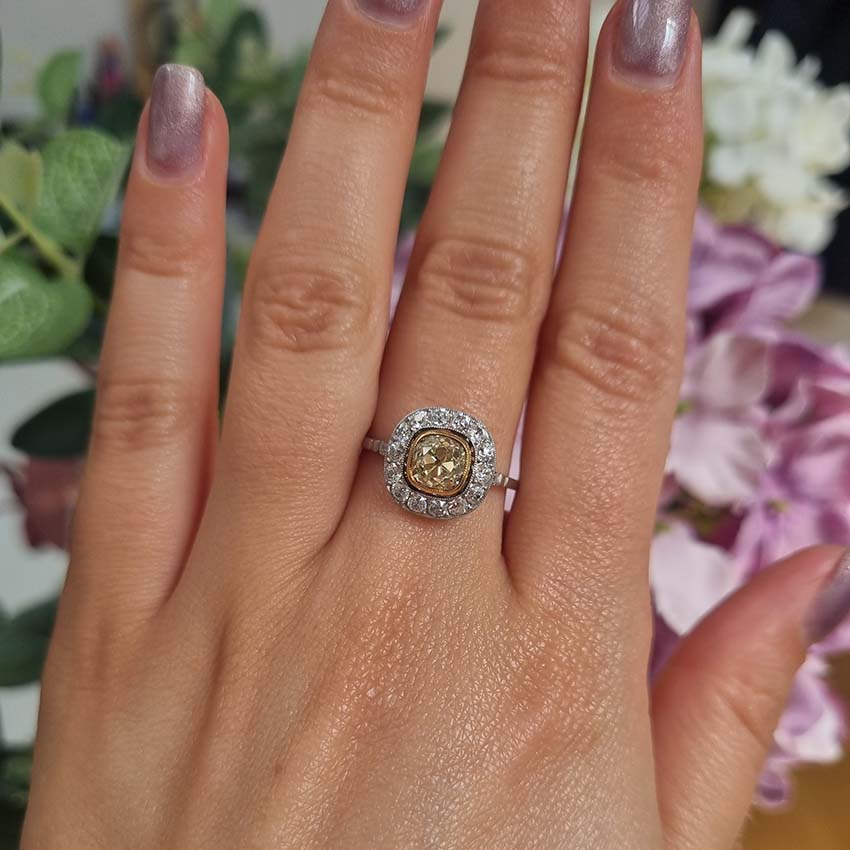 Antique 1.17ct Old Mine Cut Yellow Diamond Cluster Engagement Ring