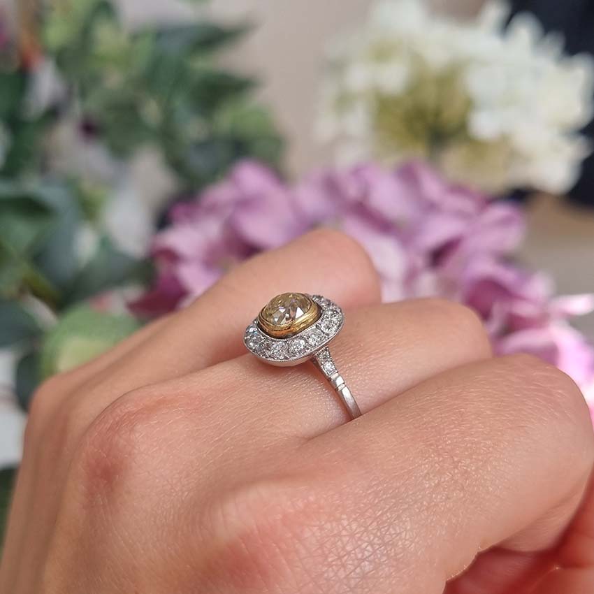 Antique 1.17ct Old Mine Cut Yellow Diamond Cluster Engagement Ring