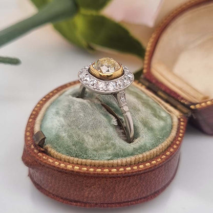 Antique 1.17ct Old Mine Cut Yellow Diamond Cluster Engagement Ring