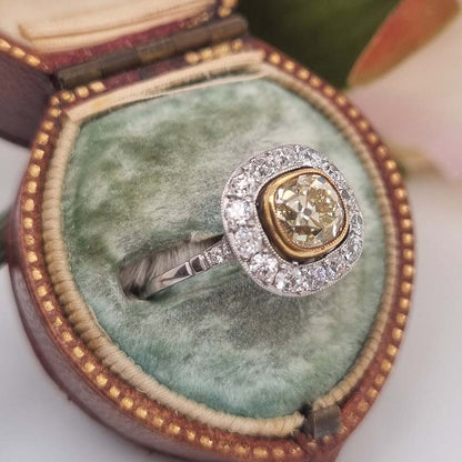 Antique 1.17ct Old Mine Cut Yellow Diamond Cluster Engagement Ring