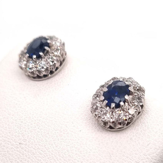 Vintage 1ct Sapphire and Old Cut Diamond Cluster Stud Earrings
