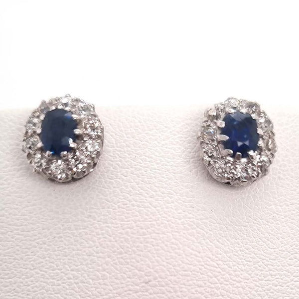 Vintage 1ct Sapphire and Old Cut Diamond Cluster Stud Earrings
