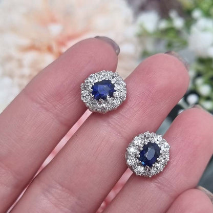 Vintage 1ct Sapphire and Old Cut Diamond Cluster Stud Earrings