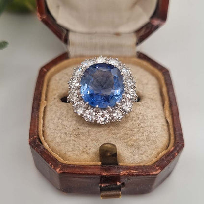 Natural Cornflower Ceylon Sapphire and Diamond Cluster Ring