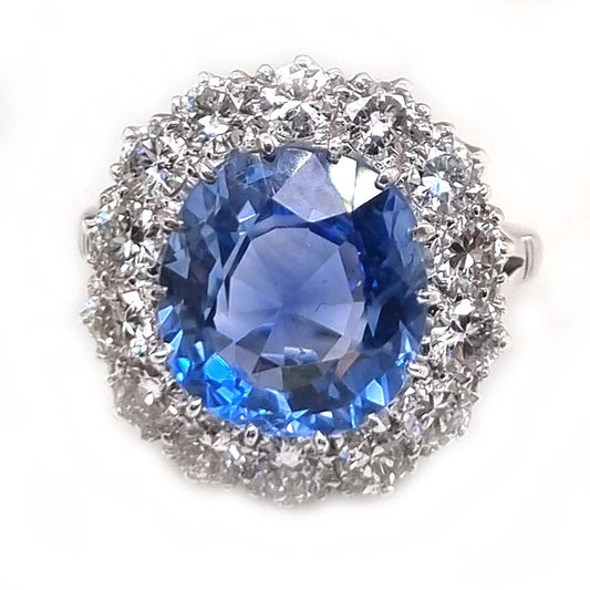 Natural Cornflower Ceylon Sapphire and Diamond Cluster Ring