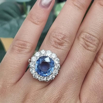 Natural Cornflower Ceylon Sapphire and Diamond Cluster Ring