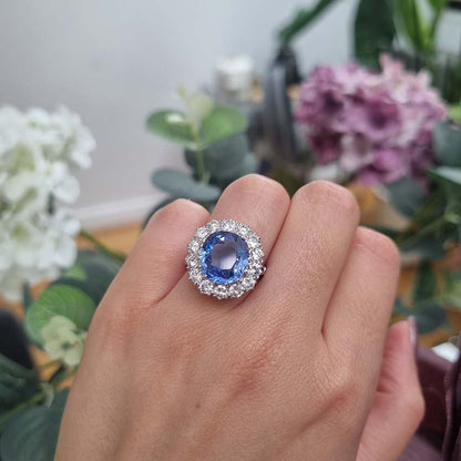 Natural Cornflower Ceylon Sapphire and Diamond Cluster Ring