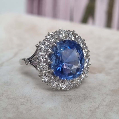 Natural Cornflower Ceylon Sapphire and Diamond Cluster Ring