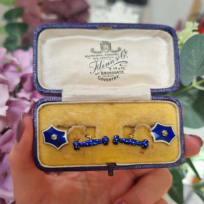 Edwardian Antique Blue Enamel and Diamond Cufflinks