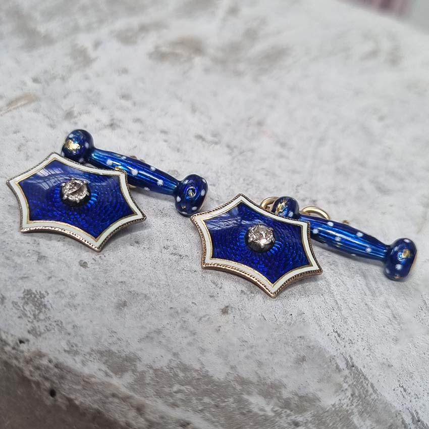 Edwardian Antique Blue Enamel and Diamond Cufflinks