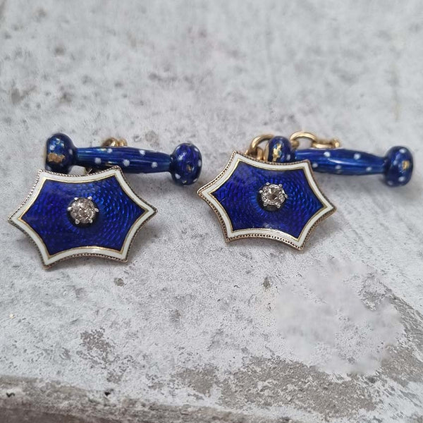 Edwardian Antique Blue Enamel and Diamond Cufflinks, fine six-pointed stars blue enamel central old mine-cut diamond white enamel border to fancy baton shaped fasteners decorated with blue enamel with white enamel polka dots accents in 18ct yellow gold