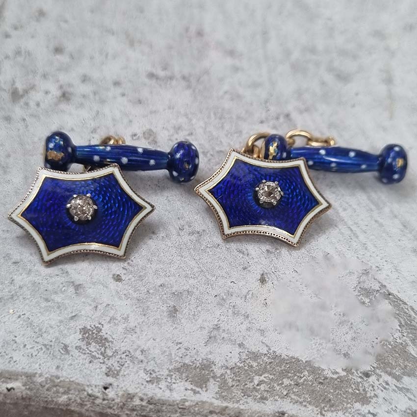 Edwardian Antique Blue Enamel and Diamond Cufflinks