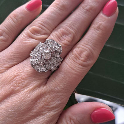 Art Deco Three Stone Diamond Cluster Panel Ring