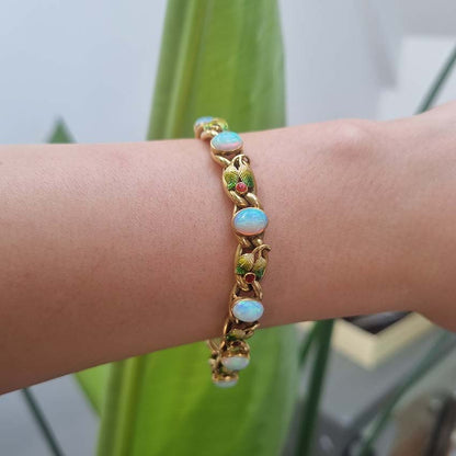 Antique Art Nouveau Opal Enamel and Gold Link Bracelet