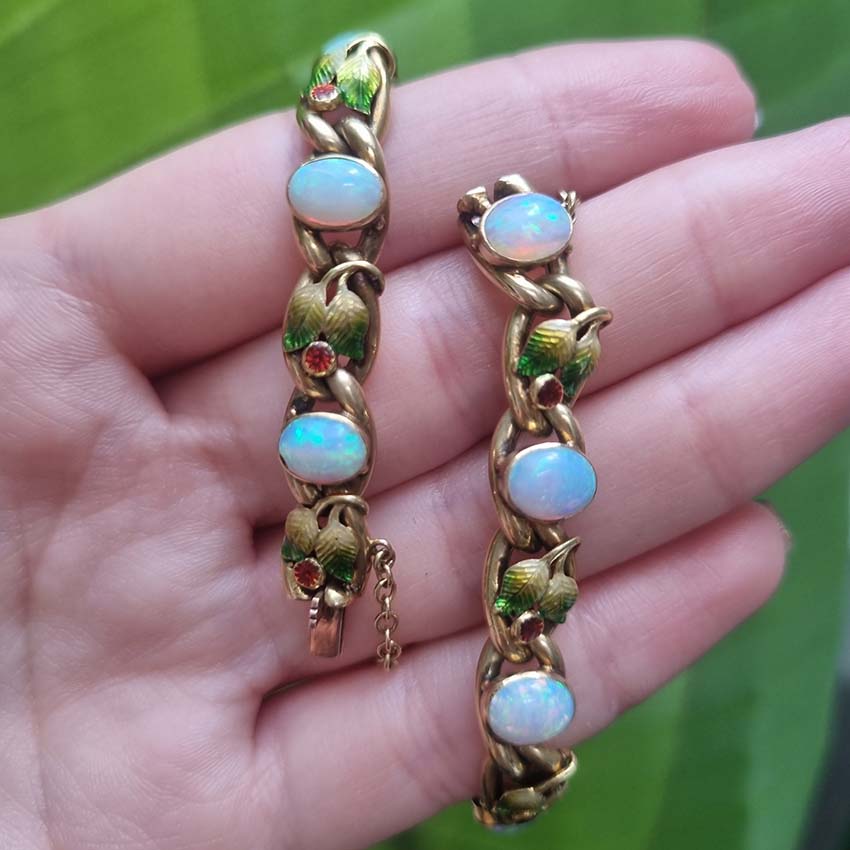 Antique Art Nouveau Opal Enamel and Gold Link Bracelet