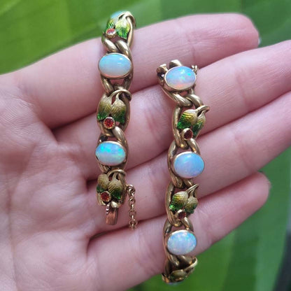 Antique Art Nouveau Opal Enamel and Gold Link Bracelet