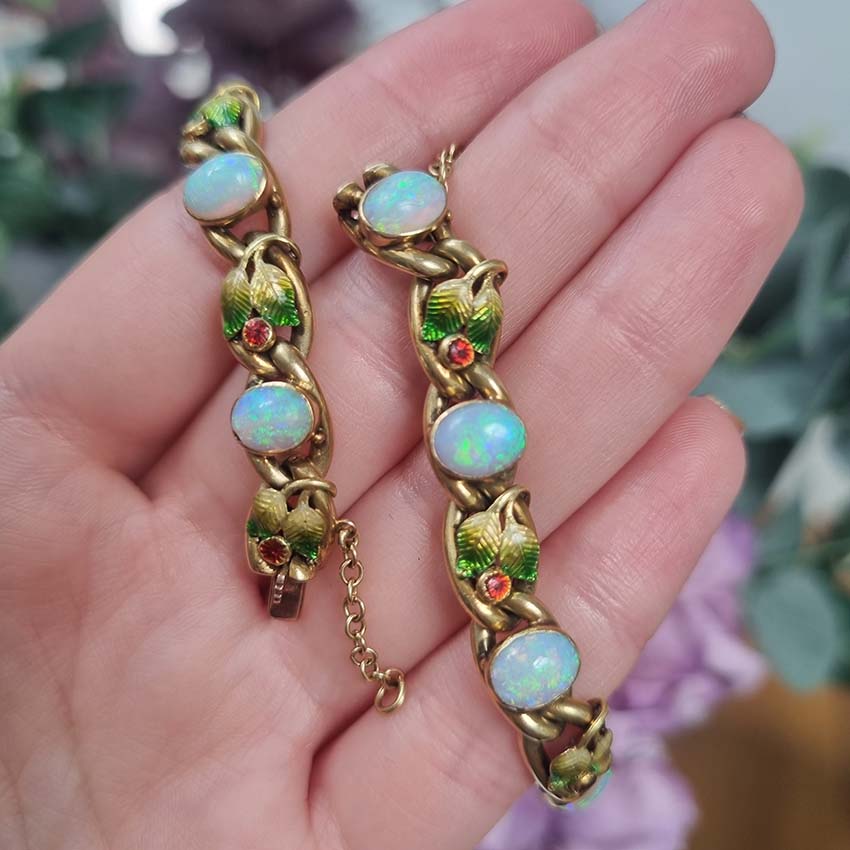 Antique Art Nouveau Opal Enamel and Gold Link Bracelet