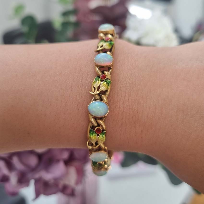 Antique Art Nouveau Opal Enamel and Gold Link Bracelet