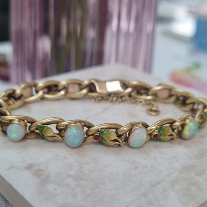 Antique Art Nouveau Opal Enamel and Gold Link Bracelet