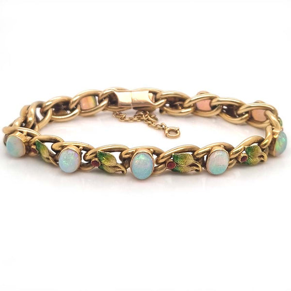Antique Art Nouveau Opal Enamel and Gold Link Bracelet